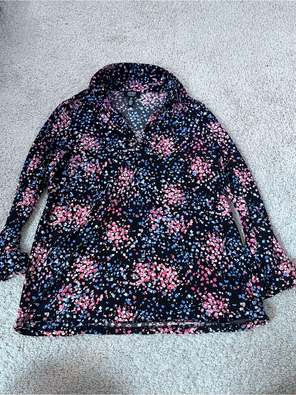 Jones New York Black Floral V-Neck Blouse with Pink & Blue Accents